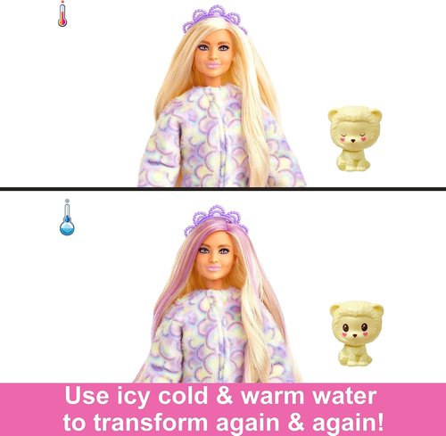 בובת ברבי סדרת Cutie עם תחפושת לביאה פרוותית ו 10 הפתעות וחיית מחמד