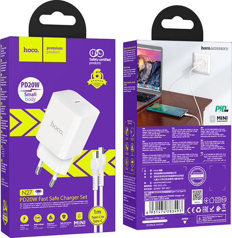 מטען קיר מהיר 20W כניסת USB-Type C וכבל Type-C ל-Type-C מבית HOCO N27