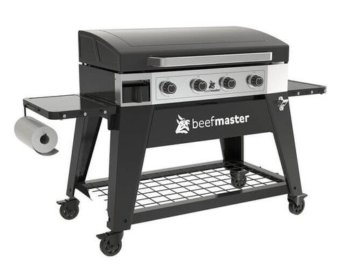 גריל פלאנצ'ה Beefmaster 4 מבערים עם פלטת פלדה מיצקת 4 מילימטר מכסה מדפי צד מתקפלים 4 גלגלים מערכת הצתת JET