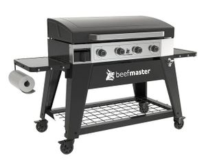 גריל פלאנצ'ה Beefmaster 4 מבערים עם פלטת פלדה מיצקת 4 מילימטר מכסה מדפי צד מתקפלים 4 גלגלים מערכת הצתת JET