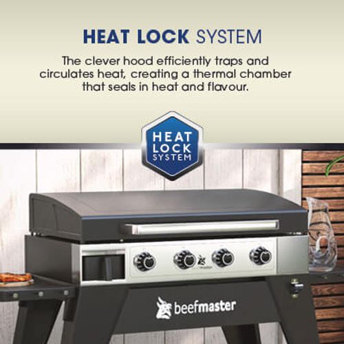 גריל פלאנצ'ה Beefmaster 4 מבערים עם פלטת פלדה מיצקת 4 מילימטר מכסה מדפי צד מתקפלים 4 גלגלים מערכת הצתת JET