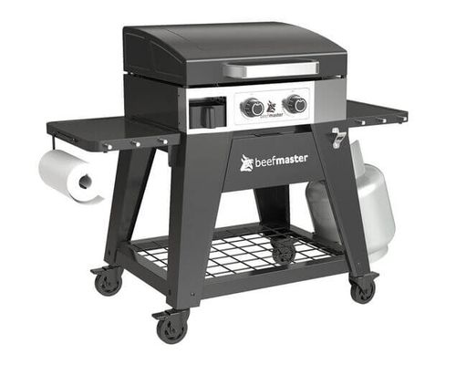 גריל פלאנצ'ה Beefmaster 2 מבערים עם פלאנצ'ה יציקת פלדה 4 מילימטר מכסה רשת חימום עליונה מדפי צד מתקפלים 4 גלגלים ניתנים לנעילה