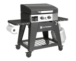 גריל פלאנצ'ה Beefmaster 2 מבערים עם פלאנצ'ה יציקת פלדה 4 מילימטר מכסה רשת חימום עליונה מדפי צד מתקפלים 4 גלגלים ניתנים לנעילה