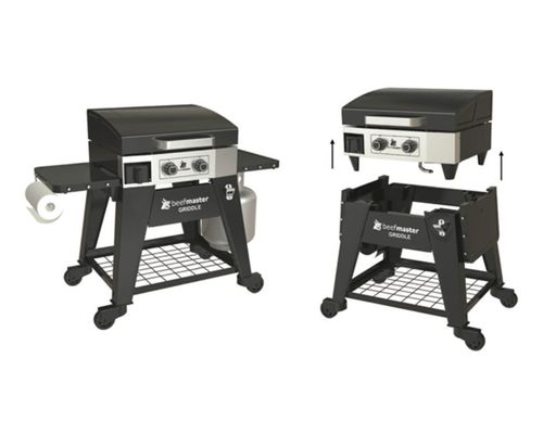 גריל פלאנצ'ה Beefmaster 2 מבערים עם פלאנצ'ה יציקת פלדה 4 מילימטר מכסה רשת חימום עליונה מדפי צד מתקפלים 4 גלגלים ניתנים לנעילה