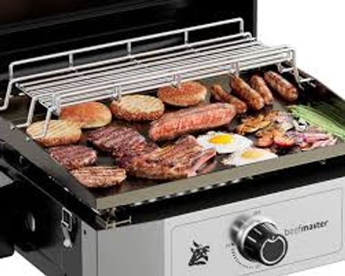 גריל פלאנצ'ה Beefmaster 2 מבערים עם פלאנצ'ה יציקת פלדה 4 מילימטר מכסה רשת חימום עליונה מדפי צד מתקפלים 4 גלגלים ניתנים לנעילה