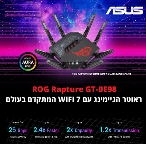 ראוטר גיימינג Asus ROG Rapture GT-BE98 Quad-band WiFi 7