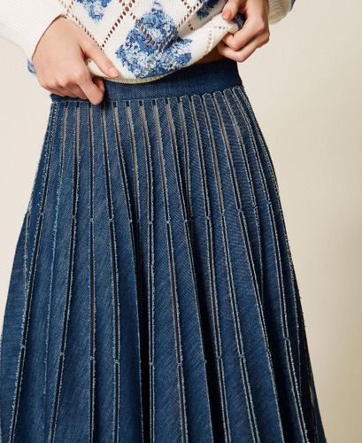 Long pleated denim skirt