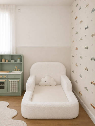 מיטת מעבר ספוג מונטסורית דגם Lucy מבד טדי בצבע Cotton White מאמו