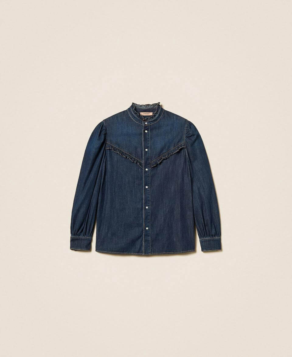 Denim shirt with ruffles
