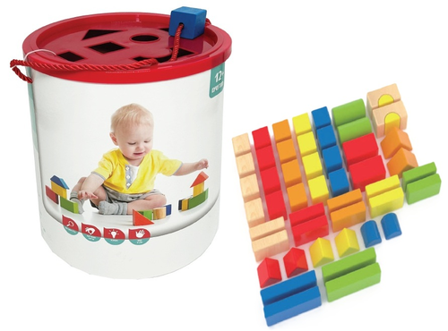 דלי 50 קוביות עץ צבעוניות והתאם צורה