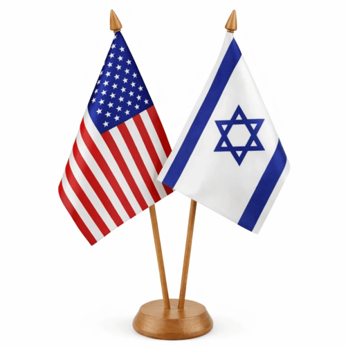 סטנד שולחני מעץ דו קני לדגלונים - **לא כולל דגלונים**