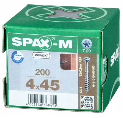 ברגי SPAX-M ‏4X45 מ״מ – ראש שקוע, הברגה חלקית, WIROX, T-STAR Plus (200 יח') 441010400453