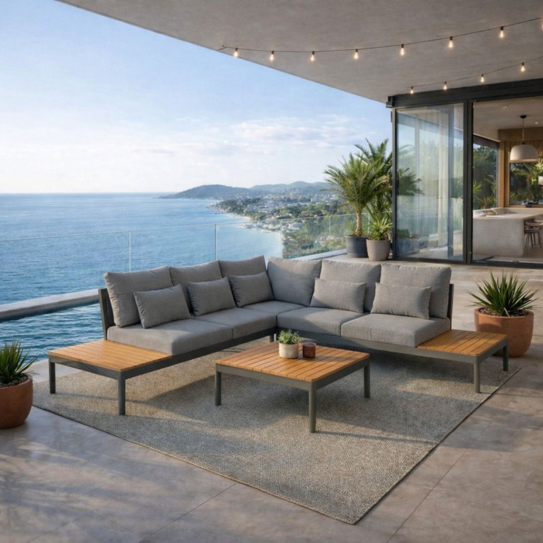  מערכת ישיבה פינתית מפוארת  דגם הוואנס מאלומיניום כריות שמפניה/אפור 