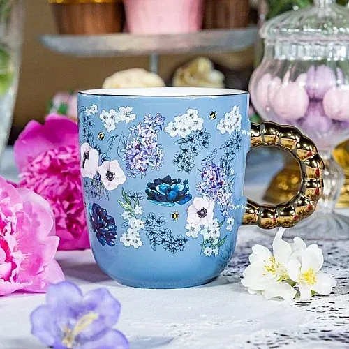כוס Bialetti Bridgerton עיצוב פרחוני ידית זהב רקע לבן bridgerton_square