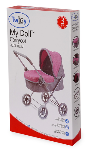עגלת בובה 4 גלגלים עם סל שכיבה My Doll Carrycot - ורוד/אפור