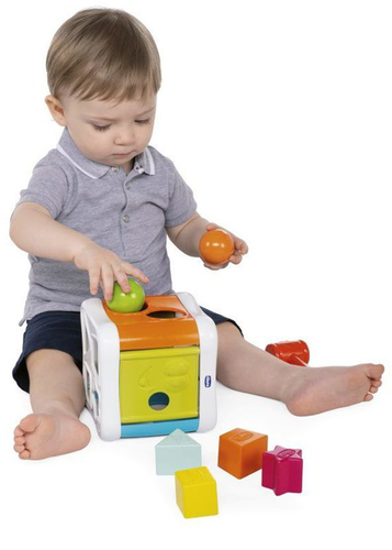 קוביית משחק 2 ב 1 להכרת צורות וצבעים - התאם צורה והך פטיש 