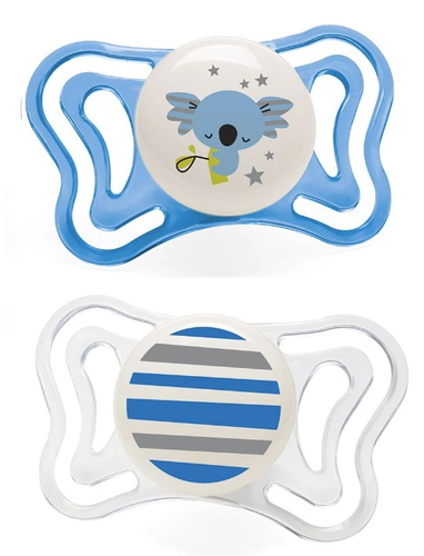 זוג מוצצי סיליקון לייט זוהרים בחושך 6-16 חודשים מסדרת פיזיו פורמה - כחול