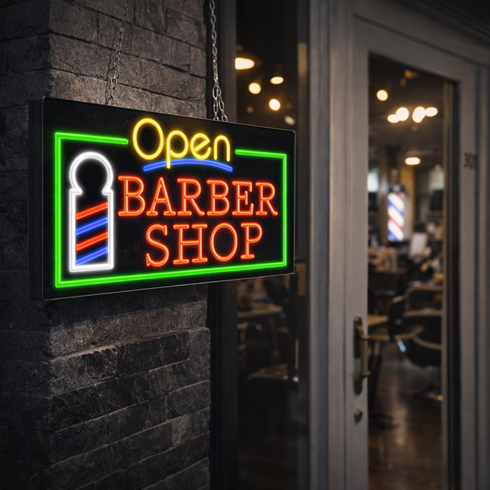 שלט לד ניאון Barber Shop Open – גודל 40×80 ס