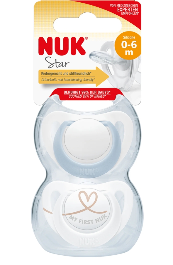 זוג מוצצים נוק סטאר סיליקון 0-6 חודשים כחול NUK