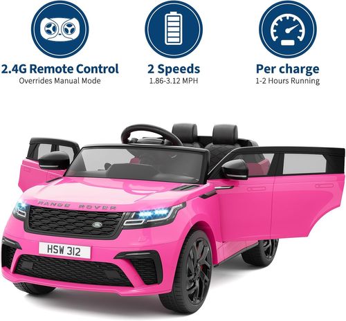 מכונית ממונעת 12V לילדים Range Rover Velar צמיגי EVA, שלט רחוק, אורות ומושב כפול - ורוד