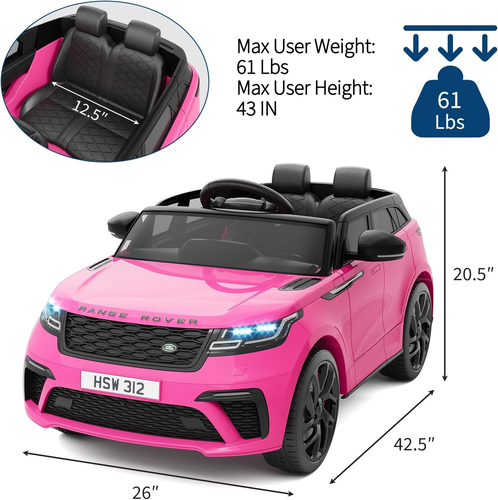 מכונית ממונעת 12V לילדים Range Rover Velar צמיגי EVA, שלט רחוק, אורות ומושב כפול - ורוד