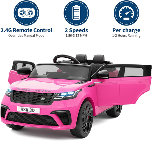 מכונית ממונעת 12V לילדים Range Rover Velar צמיגי EVA, שלט רחוק, אורות ומושב כפול - ורוד