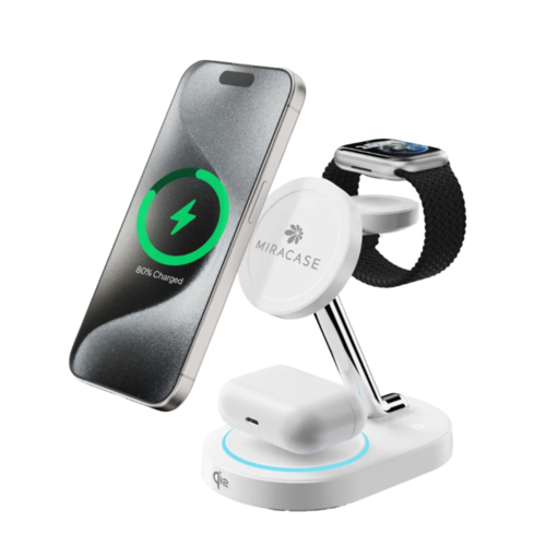מטען אלחוטי 3 ב-1 MIRACASE MWIQ580 עם MagSafe לאייפון, Apple Watch ואוזניות – צבע לבן