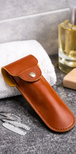 ידית תער בטיחותי Safety Razor עם נרתיק עור חום