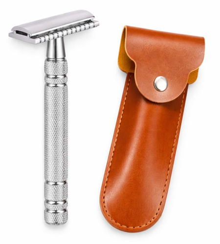 ידית תער בטיחותי Safety Razor עם נרתיק עור חום