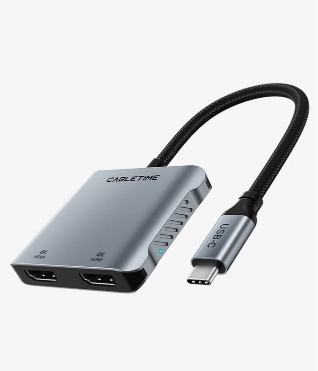 מפצל CABLETIME USB-C ל-Dual HDMI - תמיכה ב-4K 60Hz MST וטעינה 100W PD