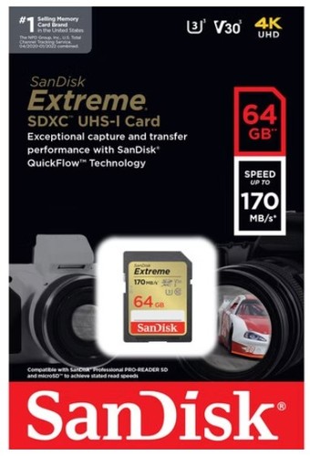 כרטיס זיכרון SanDisk EXTREME SDXC UHS-I card 64GB