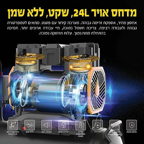 מדחס אוויר שקט ללא שמן 24 ליטר כולל שעון ניפוח צינור 7.5 מטר ואקדח אוויר
