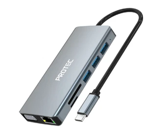 רכזת טייפ סי Protec DM300 HDMIX2 USBX3 VGA RJ45 | פרוטק 12 ב 1 כולל 2 מסכים שונים DM-300