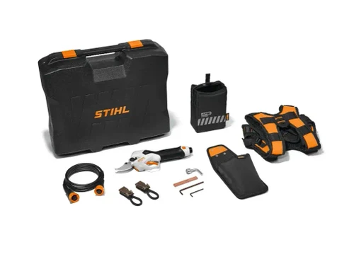 מזמרה נטענת STIHL ASA 140 בערכה מלאה עם מזוודה, אביזרים ורצועות נשיאה מקצועיות