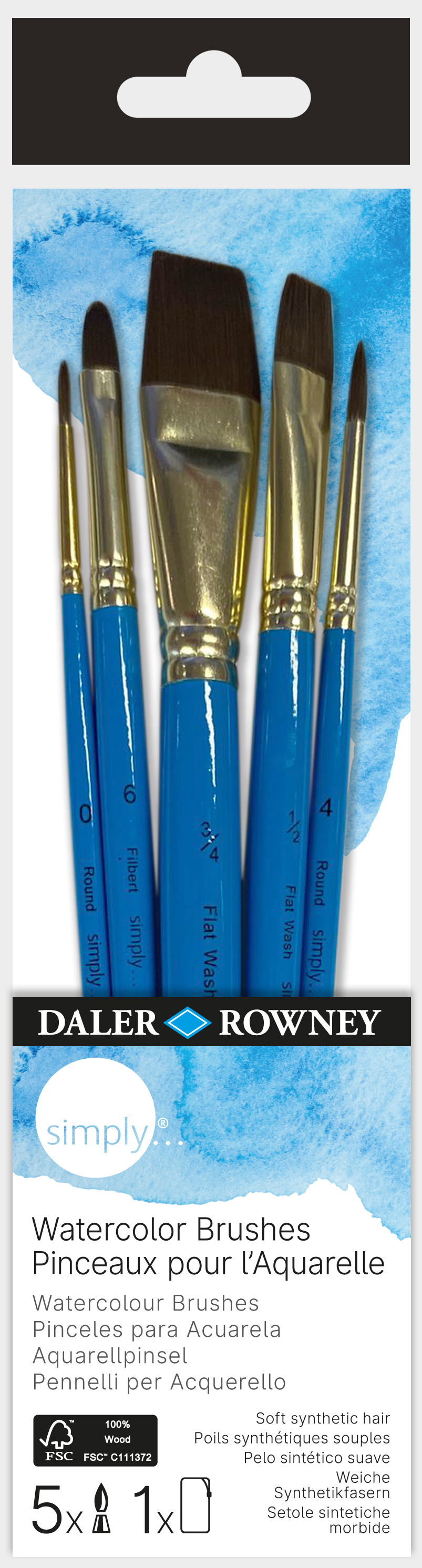 SIMPLY סט 5 מכחולים שיער טבעי לצבעי מים באריזת נרתיק