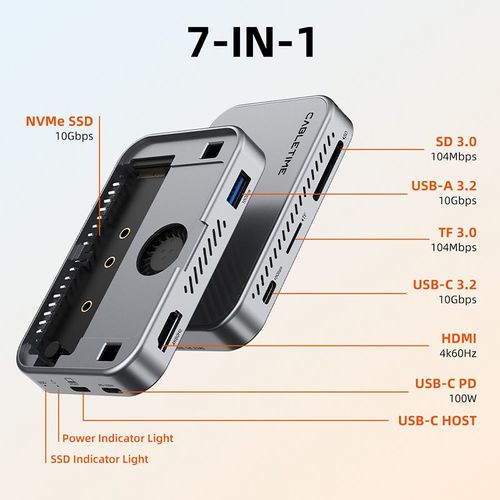 תחנת עגינה מגנטית Cabletime 7-in-1 USB-C Hub - כולל מארז NVMe SSD וטעינה 100W PD