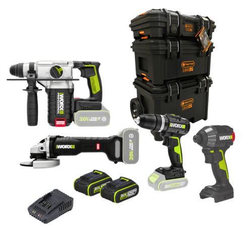 סט כלי עבודה WORX 20V – אימפקט WU291.9 + מקדחה WE213.9 + פטישון WU388 + משחזת WU812.9  + שתי סוללות 4Ah + מטען + 3 ארגזי כלים TACTIX