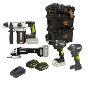 סט כלי עבודה WORX 20V | WU291.9 + WE213.9 + WU388 + WU812.9 | 2 סוללות 4Ah, מטען ו־3 ארגזי TACTIX