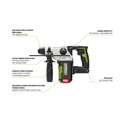 פטישון נטען בראשלס WORX Professional Brushless WU389.9 26mm 20V – (גוף בלבד)
