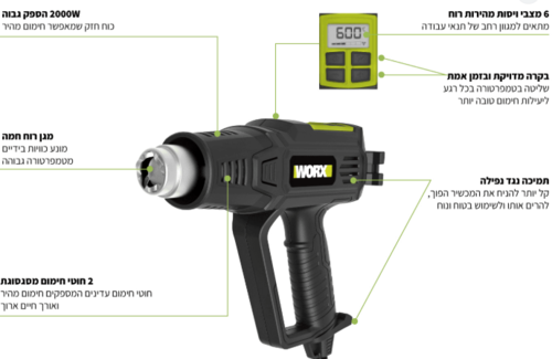 אקדח חום דיגיטלי 2000W בלאוור WORX WE043