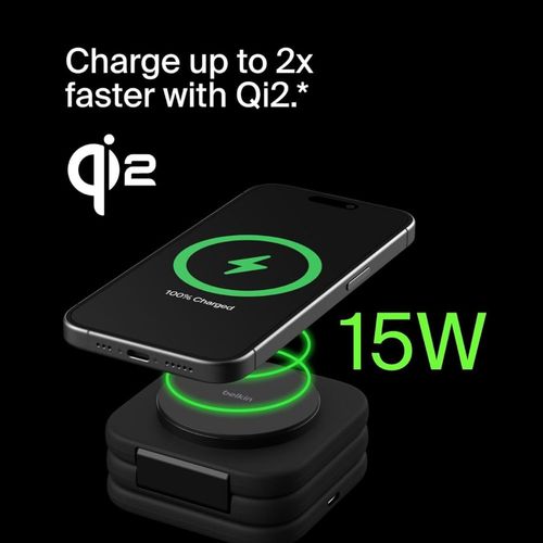 מטען אלחוטי מגנטי 3 ב-1 נייד עם Qi2 15W Belkin BoostCharge Pro