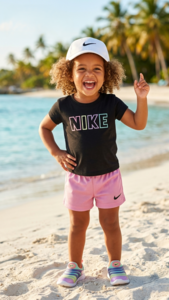 חליפת קיץ קצרה לבנות מבית NIKE מקורית - חולצה שחורה ומכנס ורוד