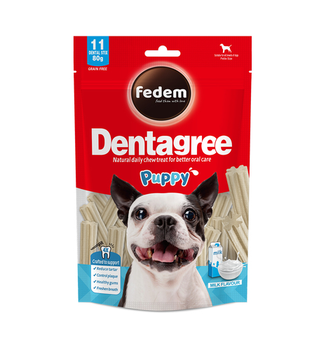 חטיפים וביסקוויטים לכלבים - Dentagreeדנטל סטיקס בטעם חלב לגורים 80 גר (18 יח בקרטון) - 1