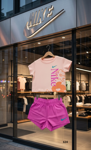 חליפת קיץ קצרה לילדות מבית NIKE בגווני ורוד ואפרסק