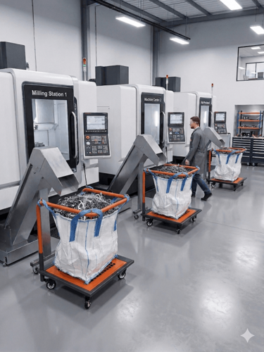 עגלת איסוף שבבים ניידת למכונות CNC עם מערכת מחזור נוזל קירור בנפח 30 ליטר