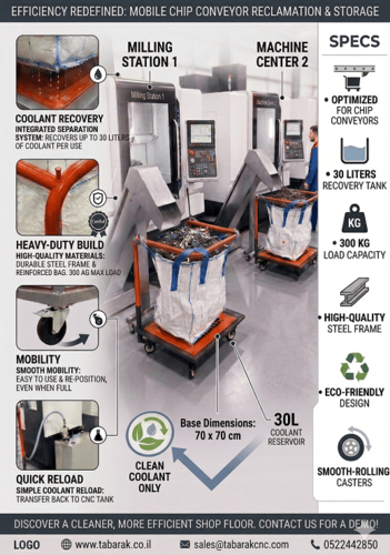 עגלת איסוף שבבים ניידת למכונות CNC עם מערכת מחזור נוזל קירור בנפח 30 ליטר