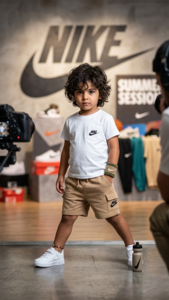 סט NIKE לילדים - חולצת כיס לבנה ומכנסי דגמ"ח קצרים בצבע חאקי 