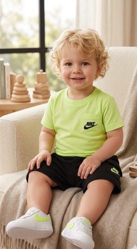חליפת NIKE בנים קיצית איכותית - חולצת כיס זרחנית ומכנס קרגו שחור