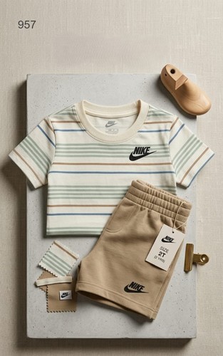 סט NIKE מקורי לילדים - חולצת פסים ומכנסיים קצרים לעונת הקיץ