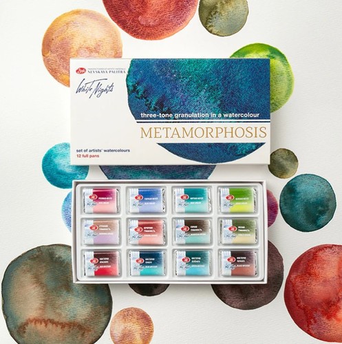 חדש! סט 12 צבעי מים granulation, קוביות סדרה White Nights METAMORPHOSIS קופסת קרטון